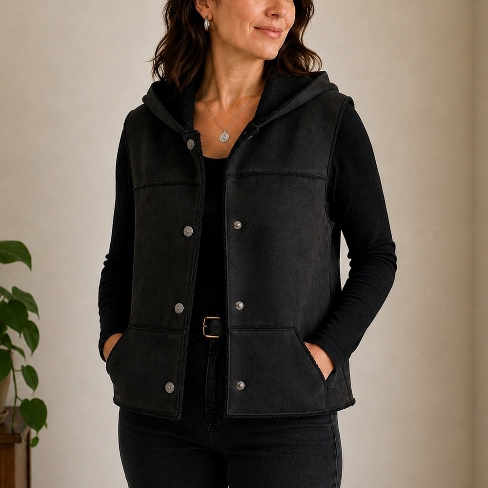 Lauren Ralph Lauren Faux Suede Shearling Hooded Vest Black NEW Size M Equestrian